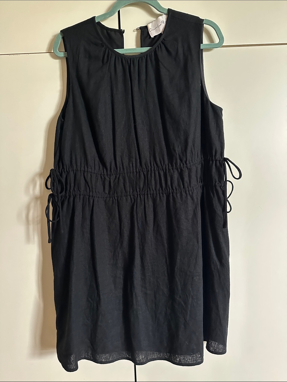 Sleeveless Black Drawstring Waist Dress - Charles Henry - Large - Linen Blend